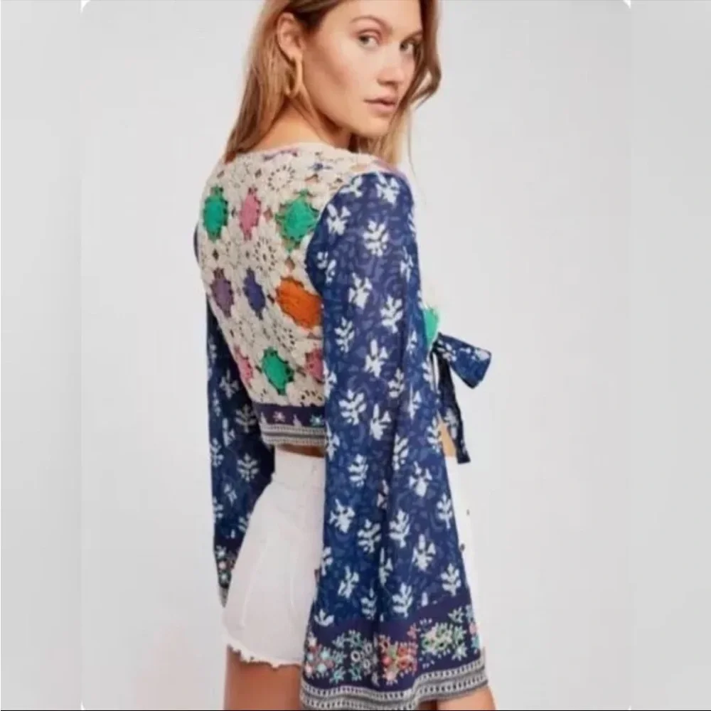 NWOT Free People Cropped Crochet Tropical Hideout Wrap Crop Top Size Medium Z397